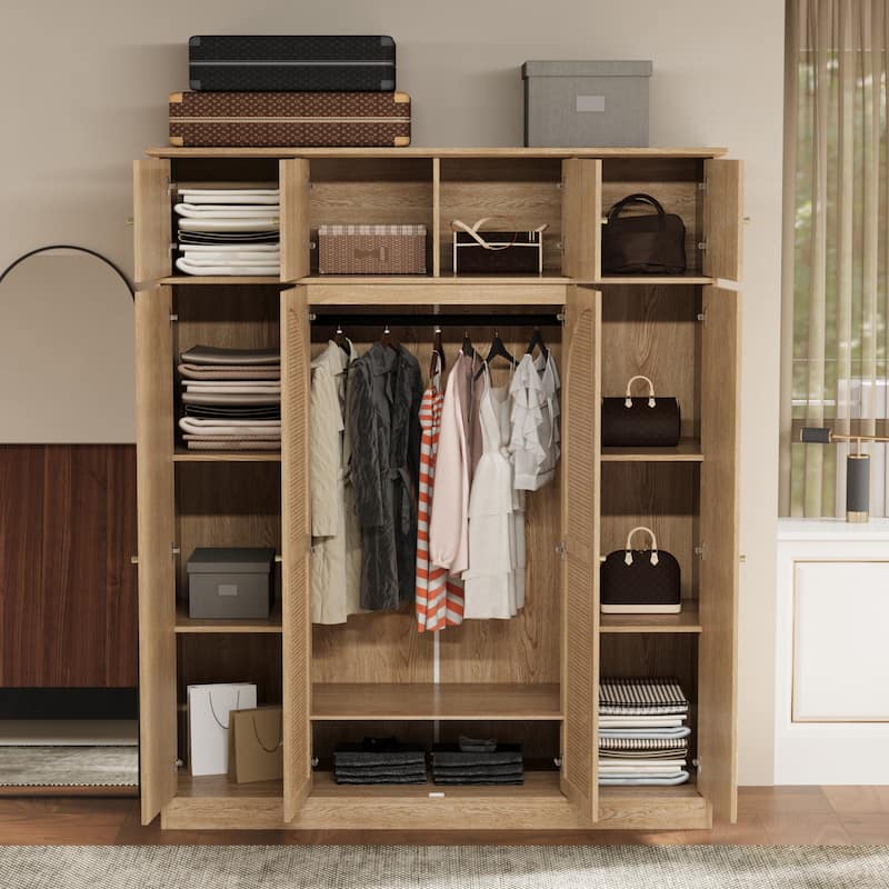 70.87" Tall 8-Door Armoire Wardrobe Closet with Hanging Rod, Natural Clothing Storage Cabinet for Bedroom