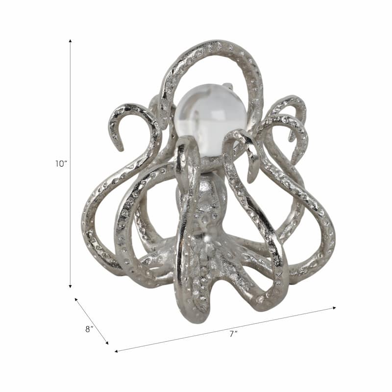Metal Glass Figurine Octopus Design Metallic Coastal Style - 7" Silver - 7.75" x 7" x 7"