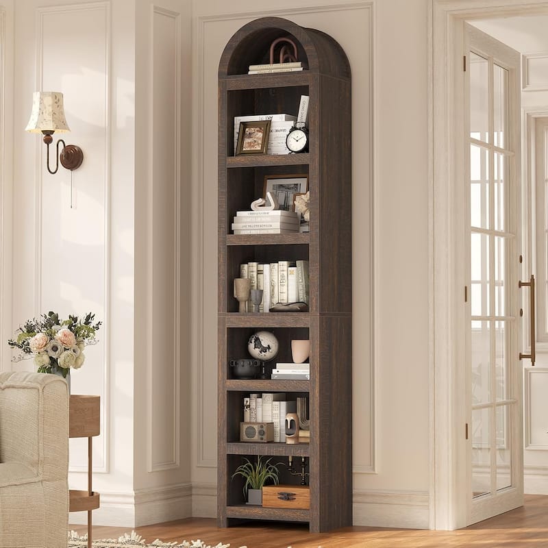 Tall Arched Cabinet Bookcase Storage Bookshelf Door Bathroom Storage Cabinet - 76" - Walnut