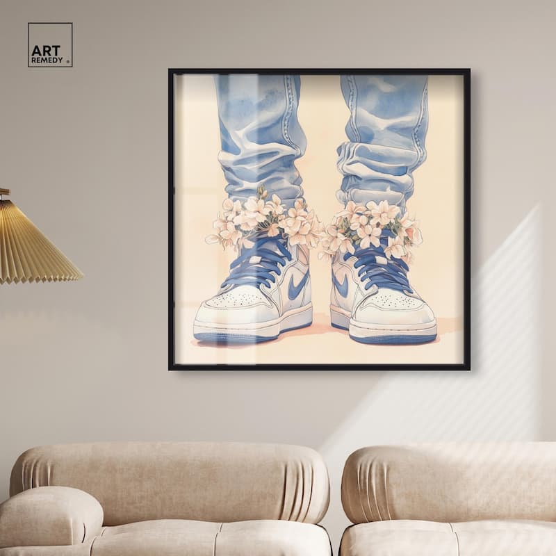 Gentle Blue Sneakers and Flowers Shadowbox by Art Remedy