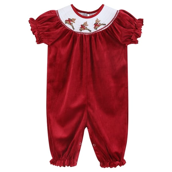 slide 2 of 4, Red Velvet Reindeer Smocked Playsuit - 3-6M