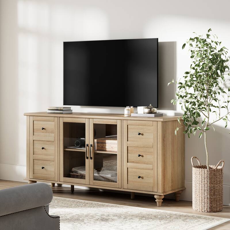 Farmhouse TV Stand for 65 Inch TV, Wood Console Table with Glass Door - 58'' - Oak