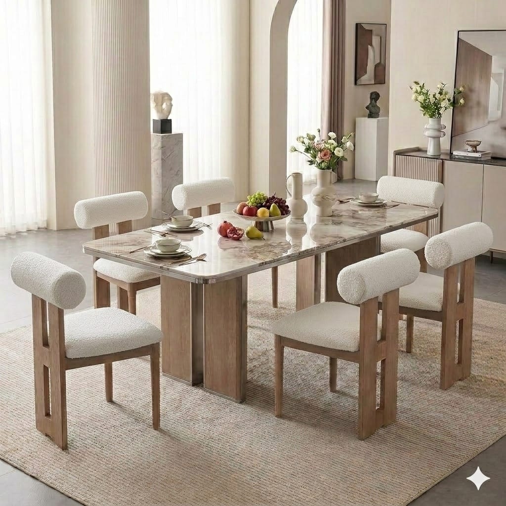 SEYNAR Set of 6 Modern Linen Upholstered Dining Chairs with Bolster Backrest