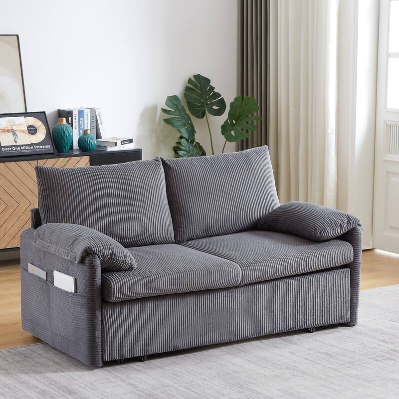 3-in-1 Adjustable Sleeper Sofa Bed Corduroy Loveseat Couch with 2 Back Pillows, Detachable Armrest Pillows and Side Pockets