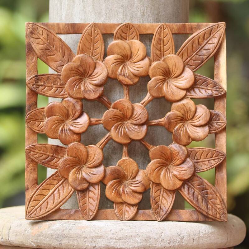 Handmade Interconnected Jepun Wood Relief Panel (Indonesia) - 11.75" L x 11.75" W x 0.8" D