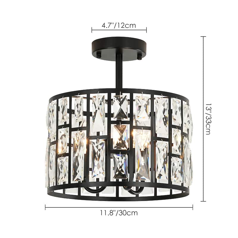 3/5-Light Industrial Vintage Black Drum Semi-Flush Mount Ceiling Light with Crystal Accents