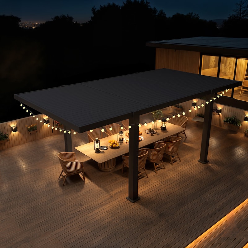 EROMMY Outdoor Louvered Pergola 10'×18', Aluminum Pergola with Adjustable Rainproof Roof, Modern Hardtop Gazebo - Black