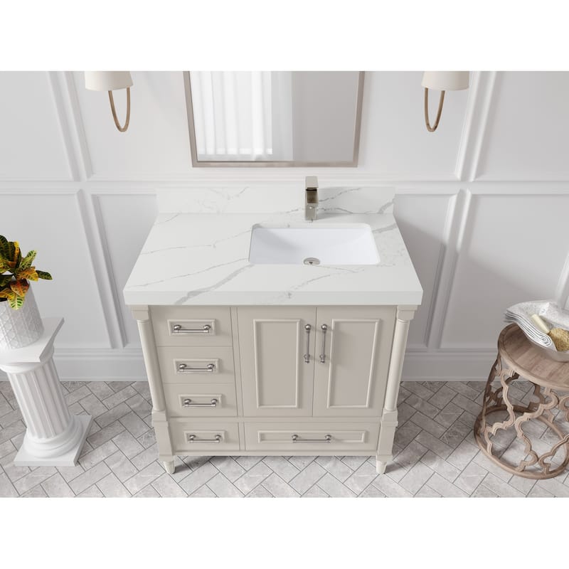 Willow Collections 36 in. W x 22 in. D Aberdeen Right Offset Sink Bathroom Vanity with Countertop - 2" Calacatta Laza - Fine Grain