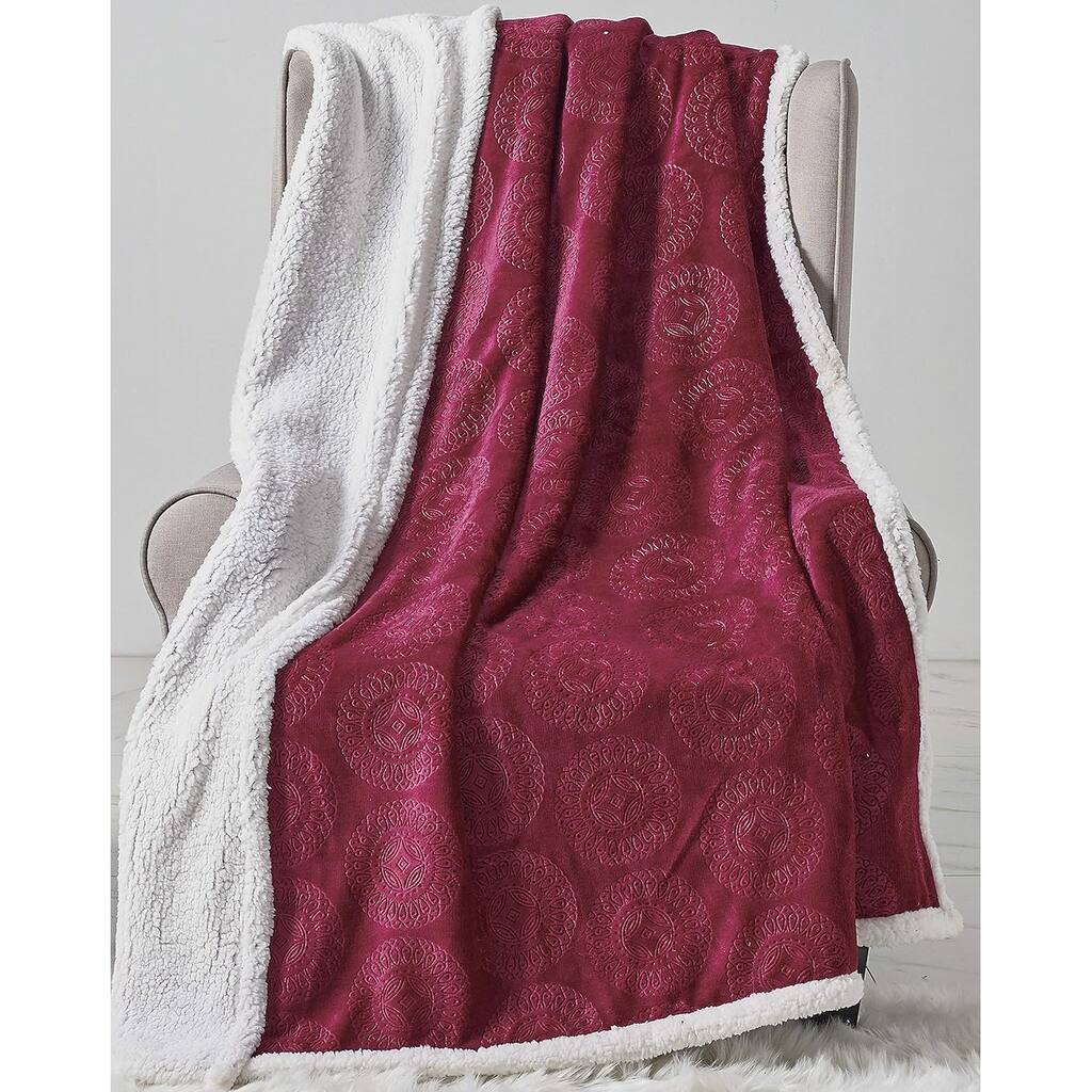 Bon Iver Collection by Décor&More Extra Soft Mandala Embossed Microplush Throw Blanket with Sherpa Backing (50 x 60) - Burgundy