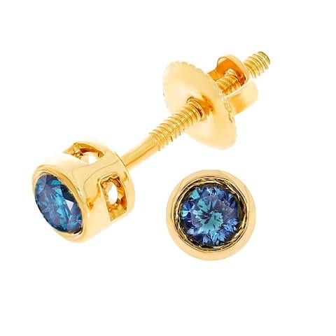 Prism Jewel 1/5 Ctw to 1/4 Ctw Round Bezel-Set Blue Color Diamond Solitaire Stud Earrings