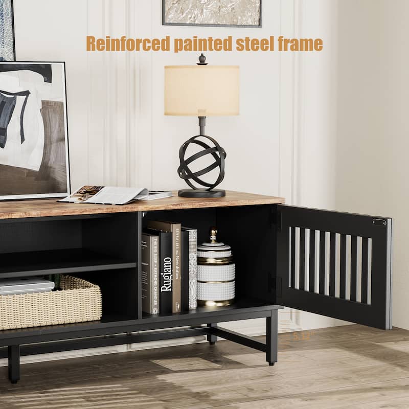 ​Modern Grille TV Stand with 2 Storage Cabinets and Rectangular Legs for Living Room Dining Media Spaces​