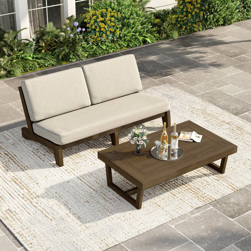 3 Seat Wood 64" W Cushioned Outdoor Patio Sofa with Coffee Table - Natural Wood - Light Camel