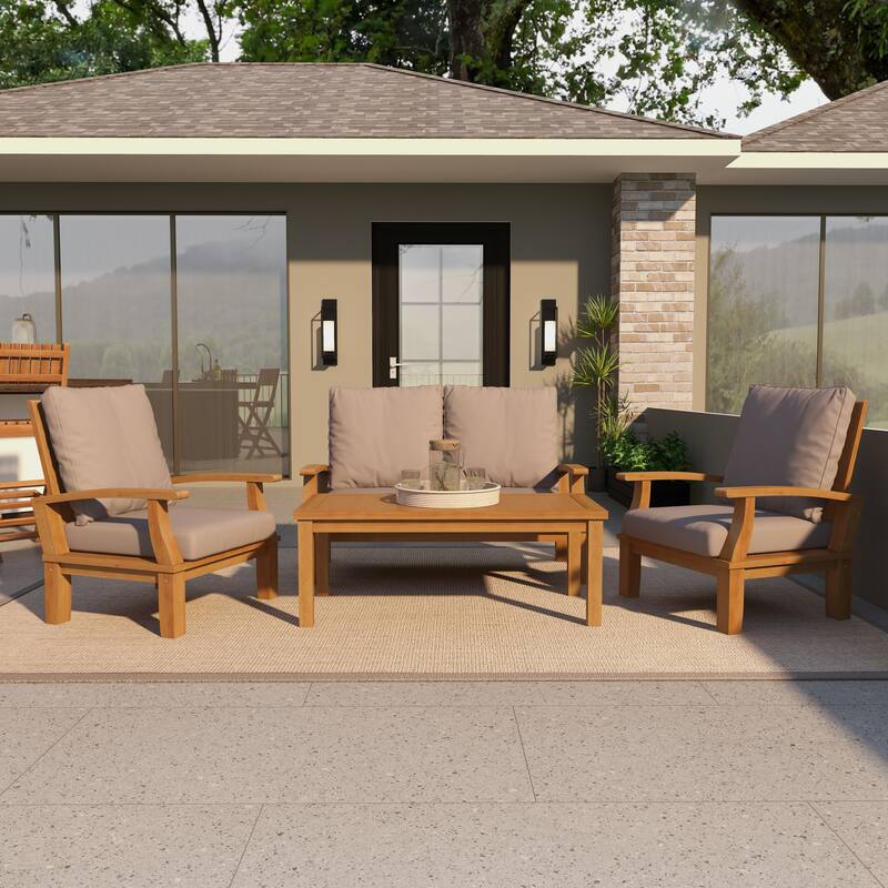 Teak Wood Arm Chair and Loveseat Outdoor Seating Set with Cushions and Coffee Table - Set of 4 Brown - Roche River Decor
