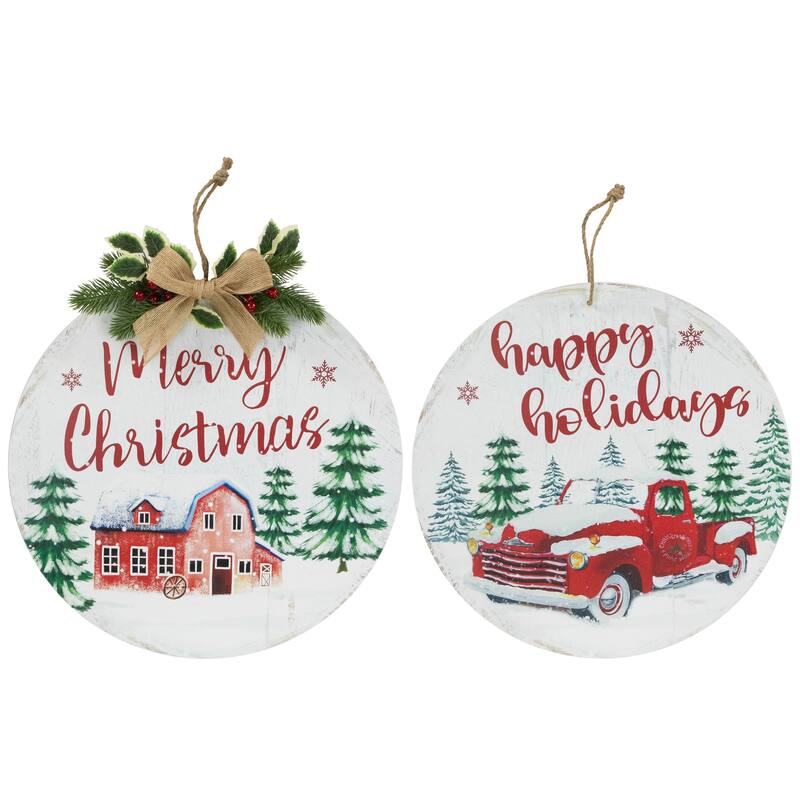 Merry Christmas and Happy Holidays Wall Signs - 15.75" - Set of 2 - Red and Green