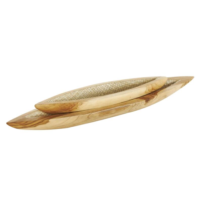 Teak Wood Boat Handmade Carved Living Room Decor Tray with Woven Palm Leaf Interior - Set of 2 Brown - Roche River Decor