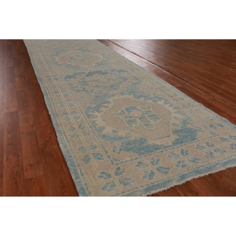Hand Knotted Oriental 100% Wool Carpet Transitional Geometric Navy Blue & Blues Oushak Runner Rug - 13' 1'' X 3' 6''