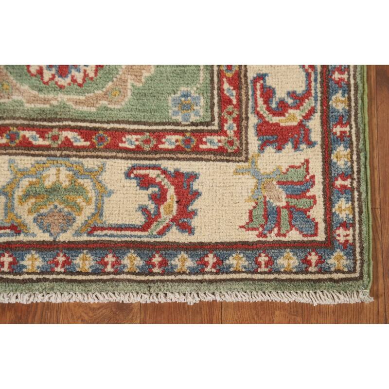 Floral Kazak Runner Rug Handmade Green Wool Carpet - 2'2" x 5'11"