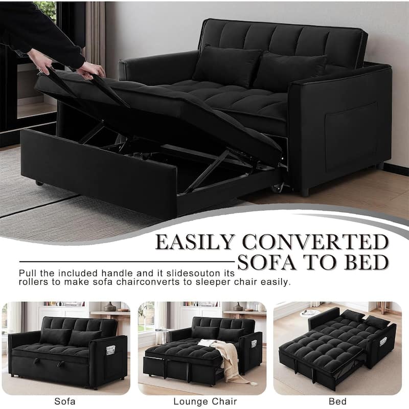 3 in 1 Convertible Sleeper Sofa Bed, Futon Couches for Living Room with Side Pocket, Adjustable Backrest