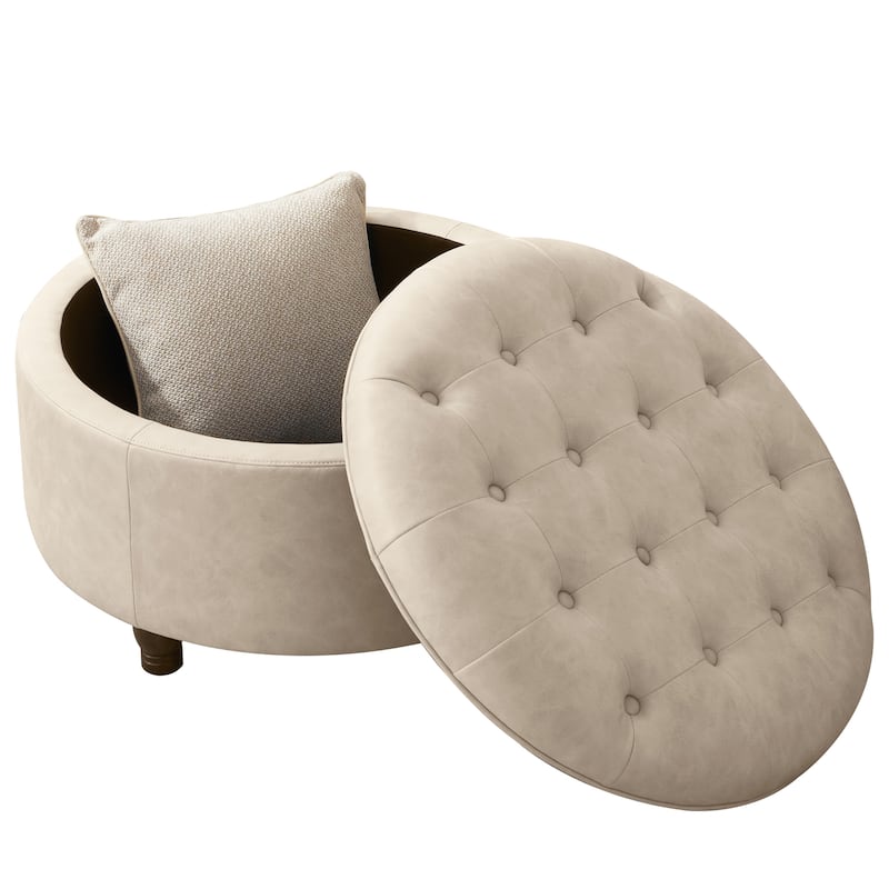 Tufted Round Storage Ottoman, Faux Leather