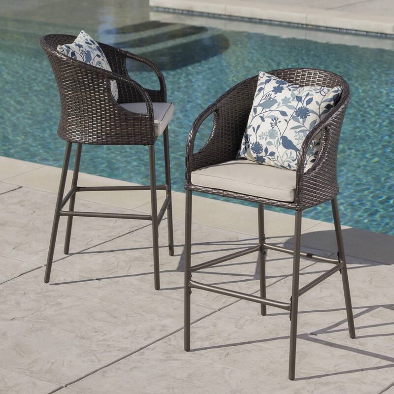 Outdoor 31" PE Rattan Barstools with Waterproof Cushions, Set of 2, Multibrown
