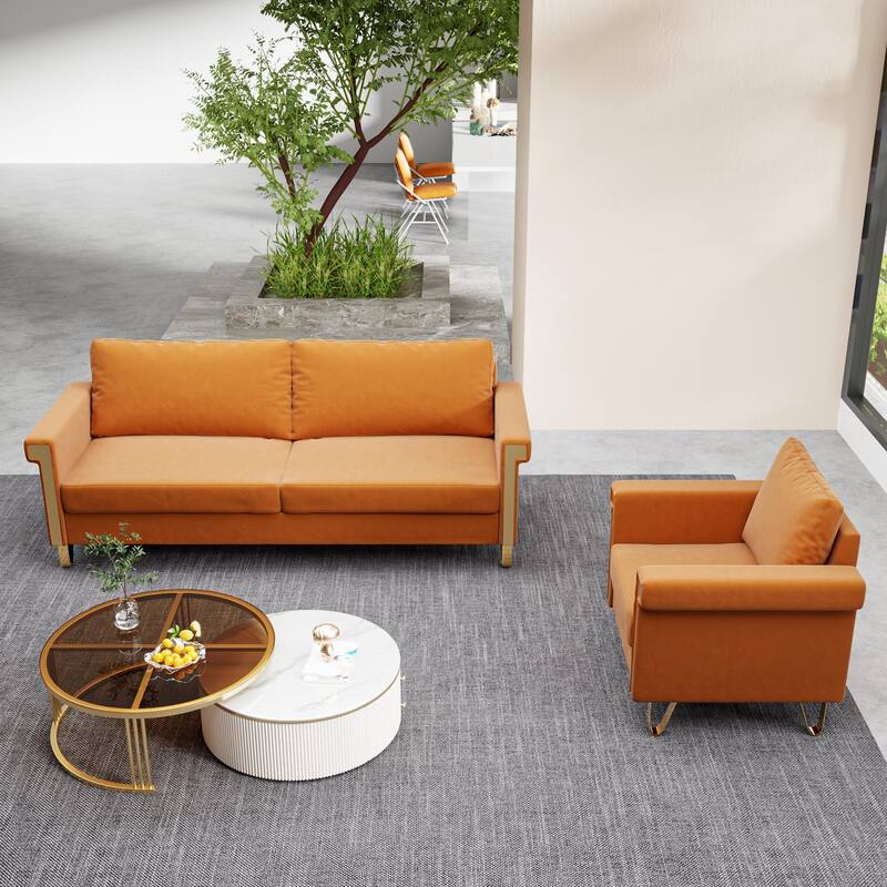 Mid-Century Velvet 3-Seater Sofa Chair Set with Gold Legs