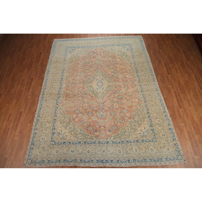 Hand Knotted Oriental 100% Wool Carpet Traditional Floral Pink Mashad Area Rug - 12' 6'' X 9' 6''