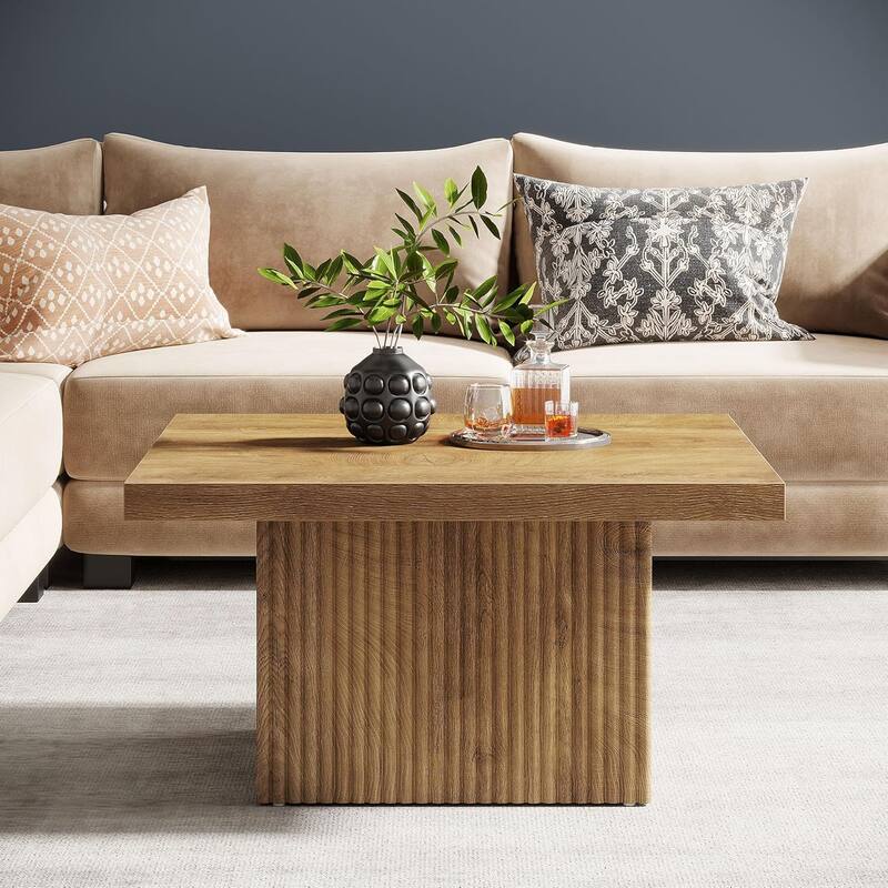 31.5 Brown Wood Square Coffee Table, Large Fluted Coffee Table for Living Room