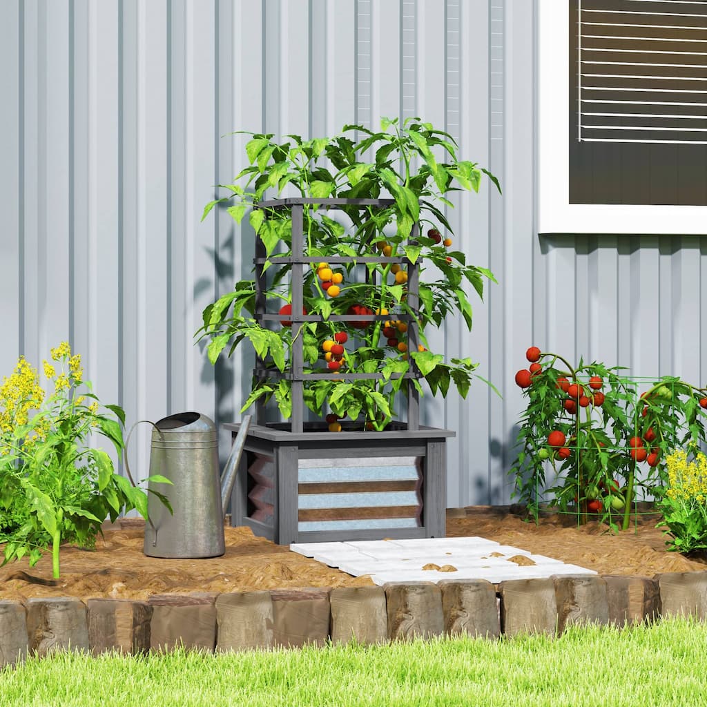 Raised Garden Bed with Trellis for Outdoor Gardening Wooden and Steel Planter Box for Climbing Plants Vegetables