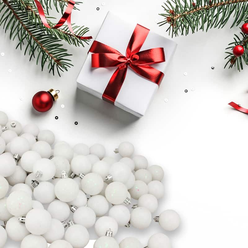 96ct Winter White Shatterproof 4-Finish Christmas Ball Ornaments 1.5"