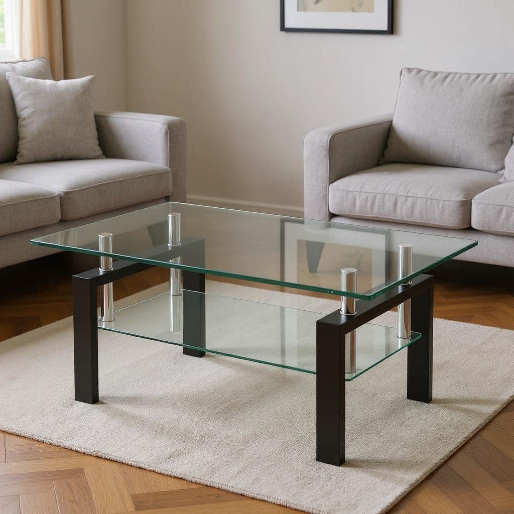 HomeRoots 39" Clear and Black Glass and Steel Coffee Table With Shelf - 39.37 in. x 17.32 in. x 23.62 in.