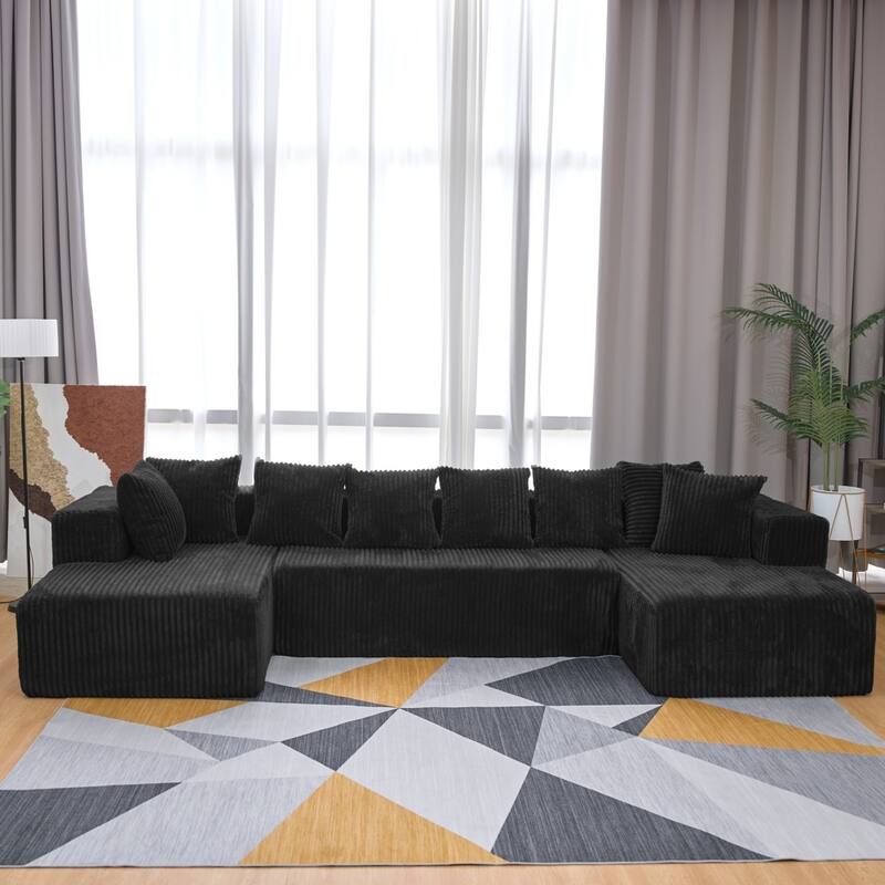 130.31" Modular U-Shaped Sectional Sofa with Striped Corduroy Fabric for Freely Layout - Black