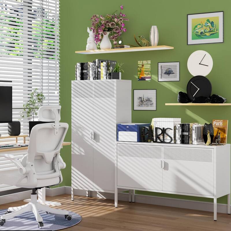 Modern Metal Pantry Cabinet with Magnetic Doors & Adjustable Shelves, Sideboard Cabinet with Non-Slip Adjustable Feet