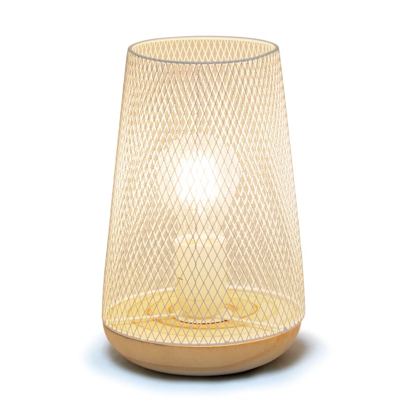 Metal Open Cage Mesh Table Lamp with Pine Wood Base - 6 x 6 x 9 in. (L x W x H)