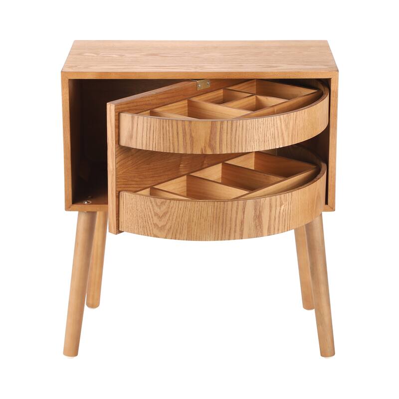 Rotating Hidden Compartment Nightstand for Bedroom, Mid Century Modern Rattan Bedside Table End Table with Wood Legs