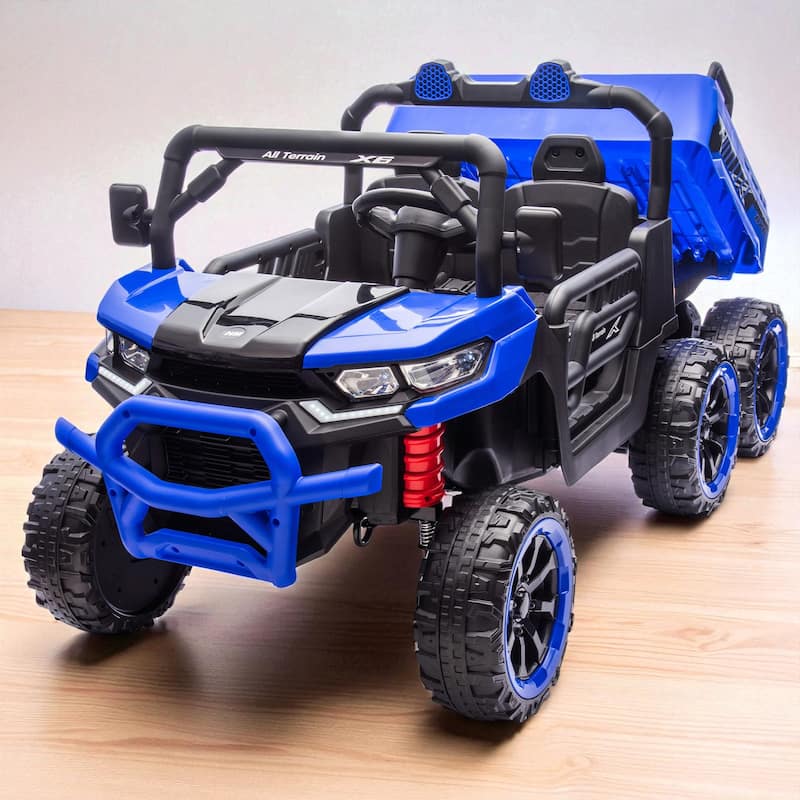 24V 2-Seater Kids Ride On 6-Wheel Dump Truck with Remote Control, 4WD, Suspension, Bluetooth Music, USB & Shovel Toy - Blue