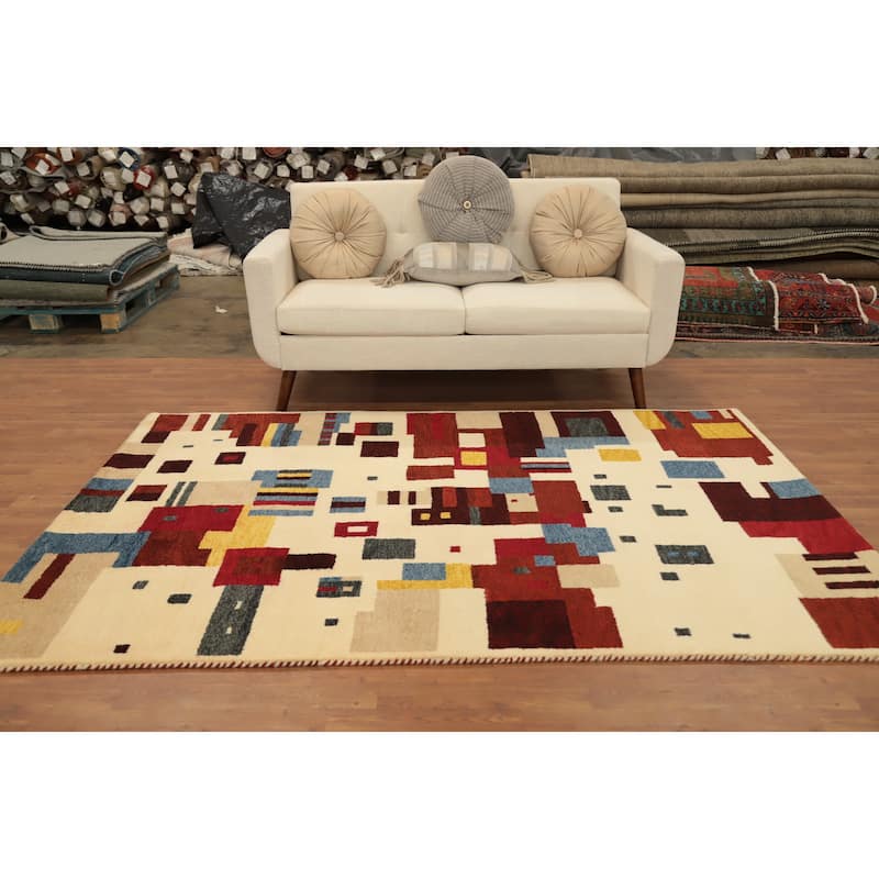 Hand Knotted Oriental 100% Wool Carpet Modern Geometric Multi-Colored Gabbeh Area Rug - 7' 7'' X 5' 3''