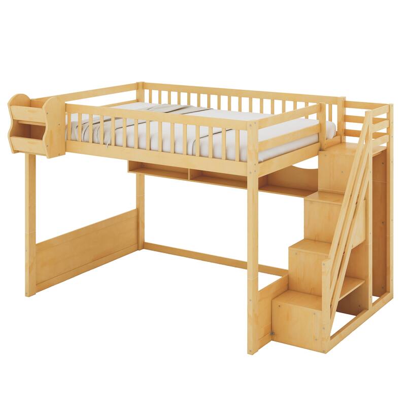 Queen Wooden Loft Bed with Storage Staircase Wardrobe, 2 Side Shelves, 3 Storage Shelves and Versatile Under-Bed Space
