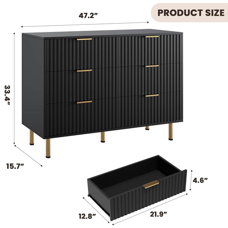 6 Drawer Fluted Dresser for Bedroom, Wide Modern Chest of Drawers, Long Double Dresser