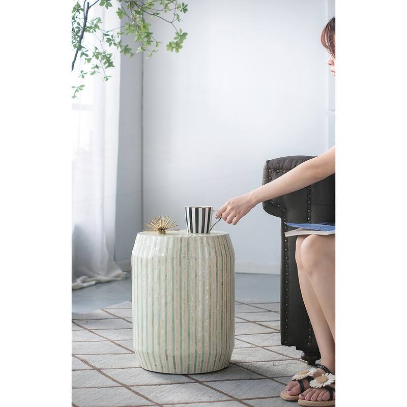 Cream and Green Cylinder Accent Stool with Striped Pattern