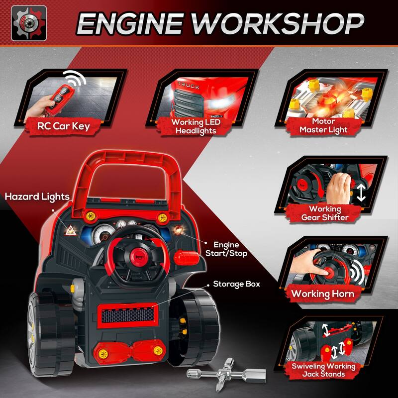 61-Piece Kids Car Engine Repair Toy Set with Realistic Sounds and Lights - Red