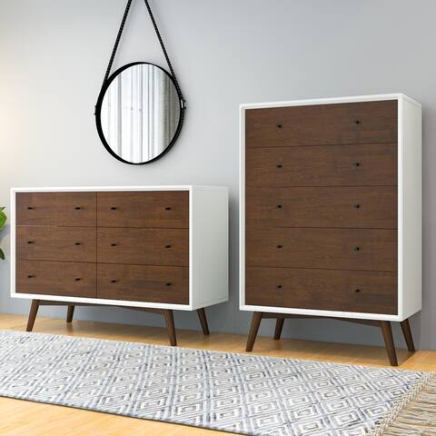 Nico Mid-Century Modern 6-Drawer Double-Dresser Solid Wood in White