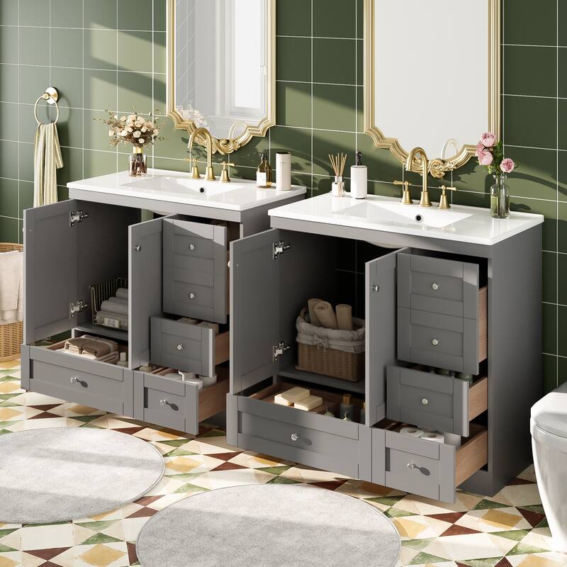 GDFStudio - Natura Shaker Style Double Ceramic Sink Freestanding Bathroom Vanity Set with Soft-close Drawers and Doors, Set of 2