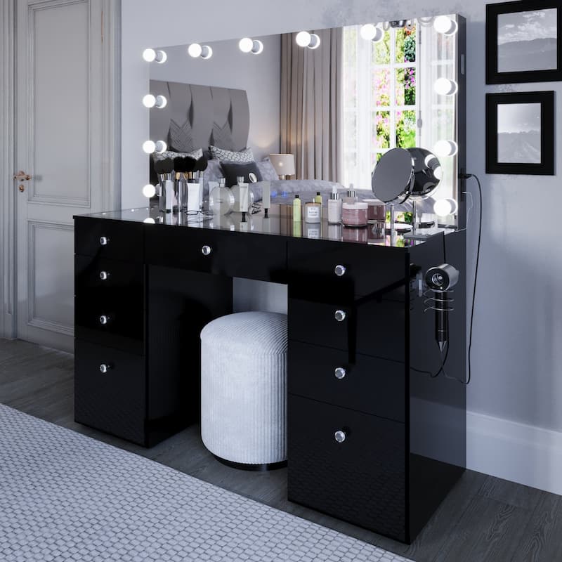 Boahaus Premium Makeup Vanity Desk Full-Width LED Mirror, Bluetooth Speakers 11 Drawers