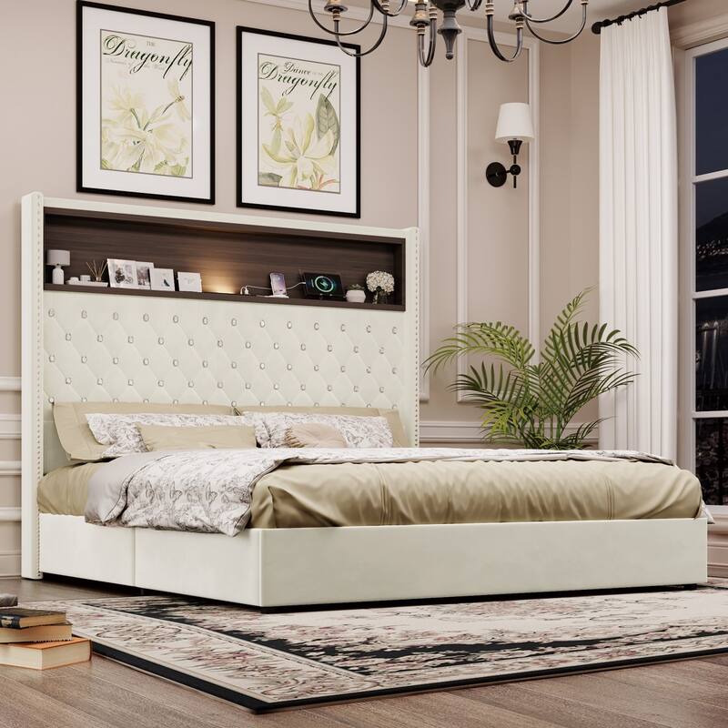 Velvet Tufted Platform Bed with USB Port and Night Light with 52'' High Headboard Shelf