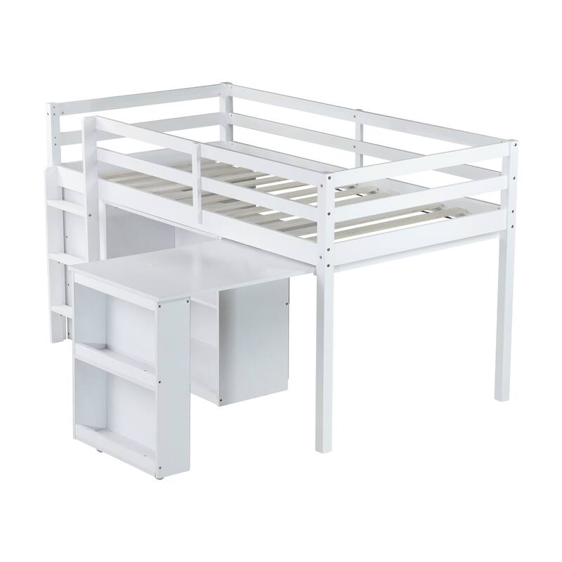 Twin Rubber Wood Loft Bed with Drawer Cabinet, Shelf,Pulling -Out Desk - White