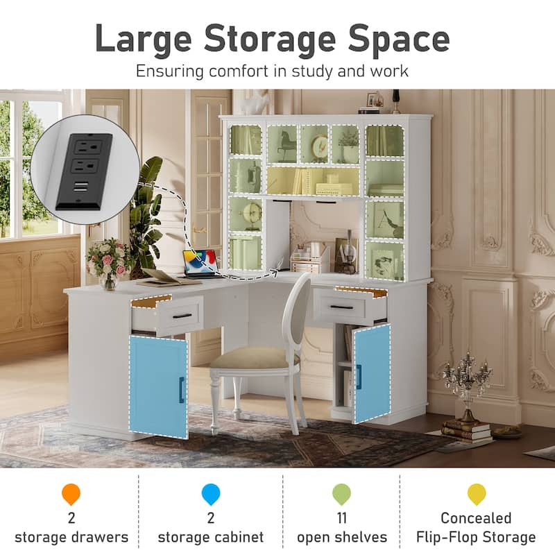 Large Bookcase Desk 2-in-1 Computer Desk L-shape Computer Armoire