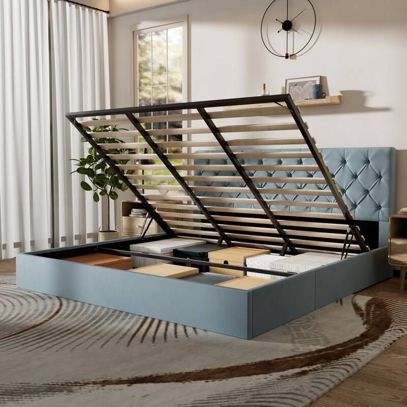 Plywood Frame Upholstered Platform Bed with Lift-up Storage Supported by Metal and Wooden Slats
