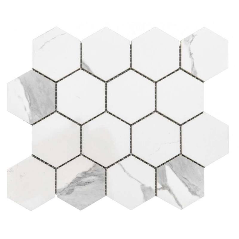 Stately Hex 11x14 Polished Porcelain Mosaic Tile - Floor, Wall, Backsplash - 4 x 4 Sample - Calacatta