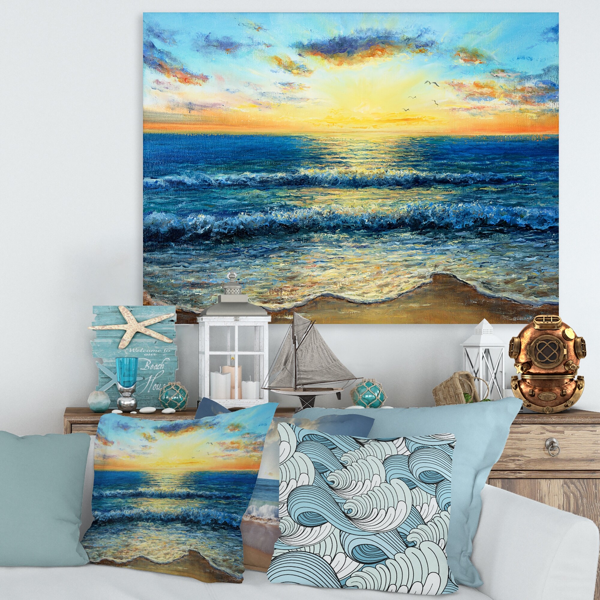 Designart 'Morning Light On The Ocean Waves I' Nautical & Coastal Canvas Wall Art Print