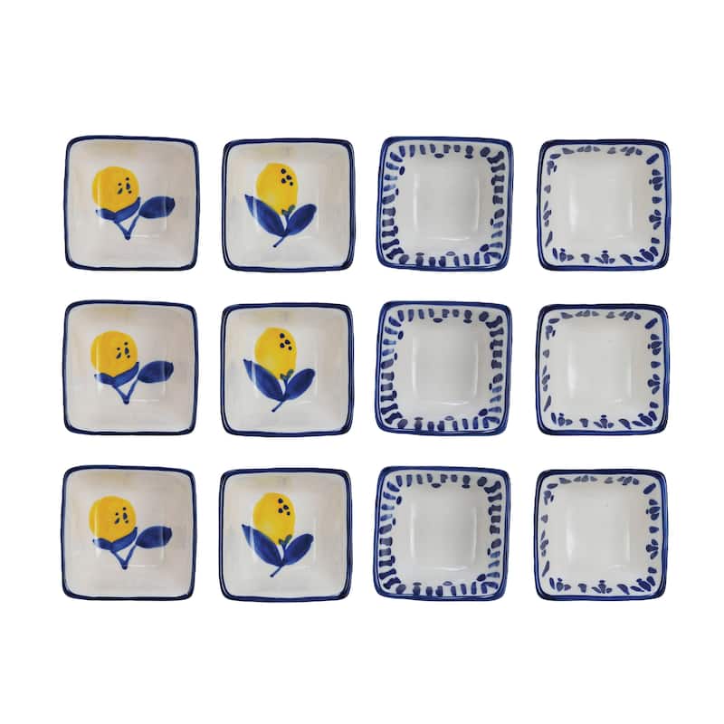 Stoneware Dish with Lemon Design in Four Styles, Set of 12 - 3.1"L x 3.1"W x 1.5"H - 3.1"L x 3.1"W x 1.5"H - Multi - 8 or More Pieces